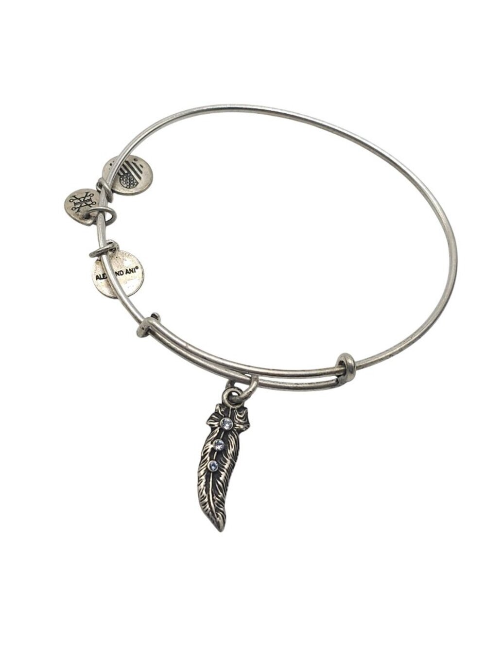 Alex And Ani Feather Charm Silver Bangle With Swarovski Crystals Adjustable Brac
